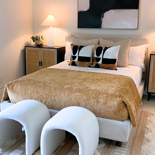 Cream Upholstered Queen Bed Frame in a staged bedroom
