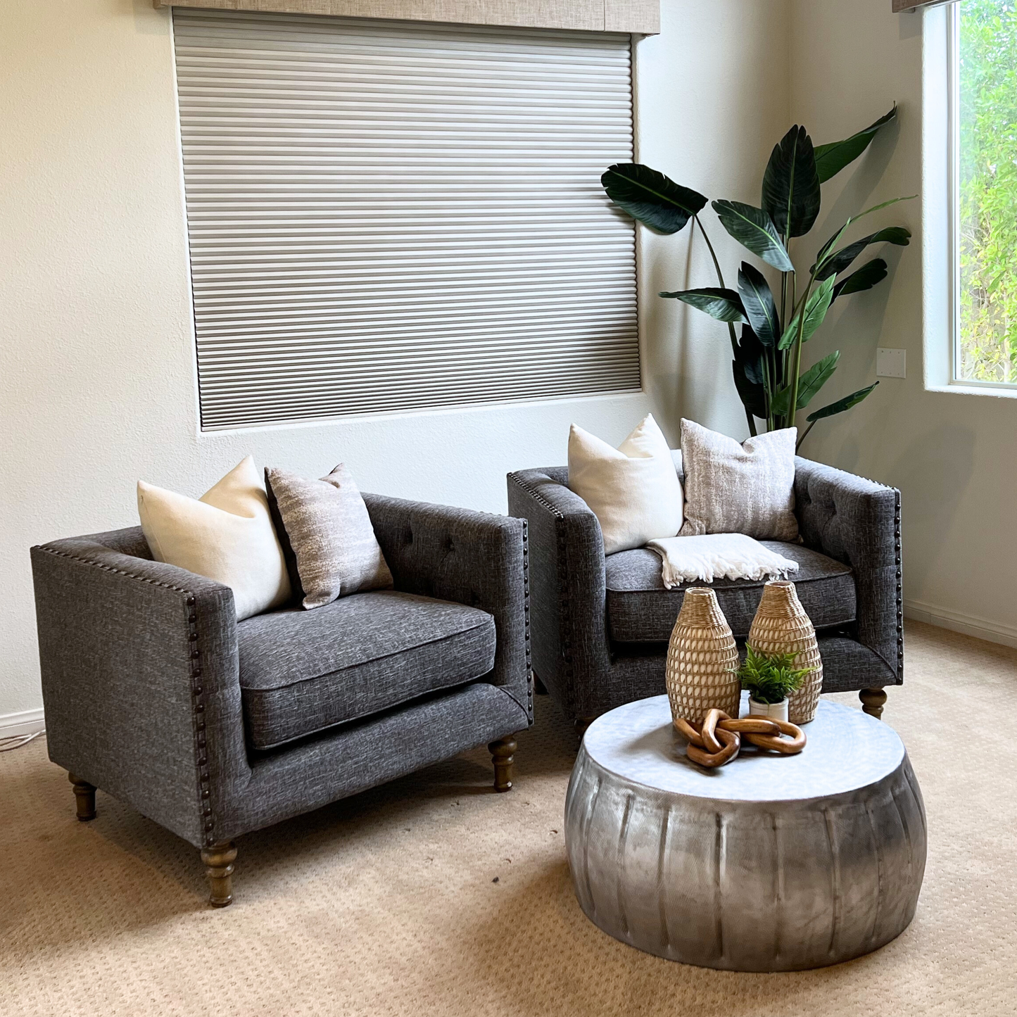 Grey Squared Tufted Chair in a staged sitting area