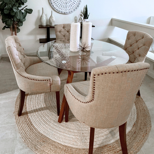 Oatmeal Tufted Dining Chair For Sale in a staged dining area