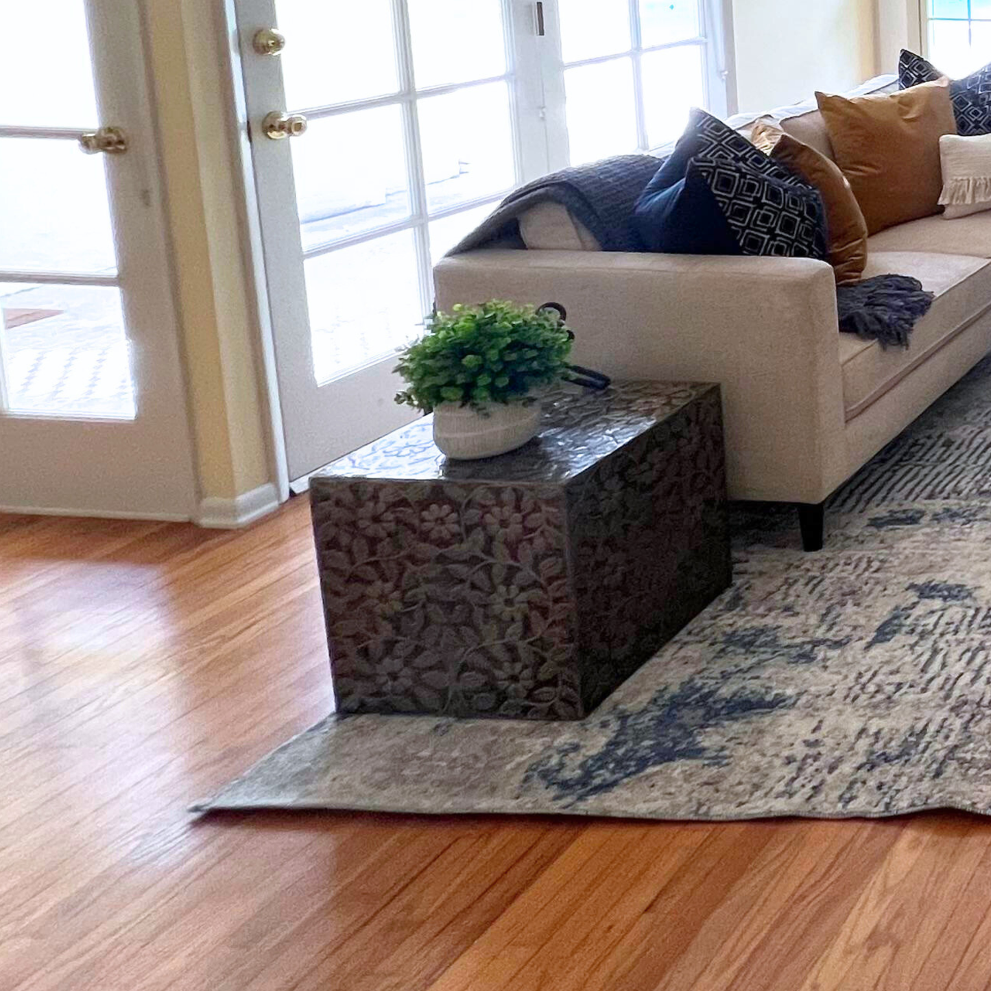 Living room with a beige sofa, patterned rug, and decorative items.