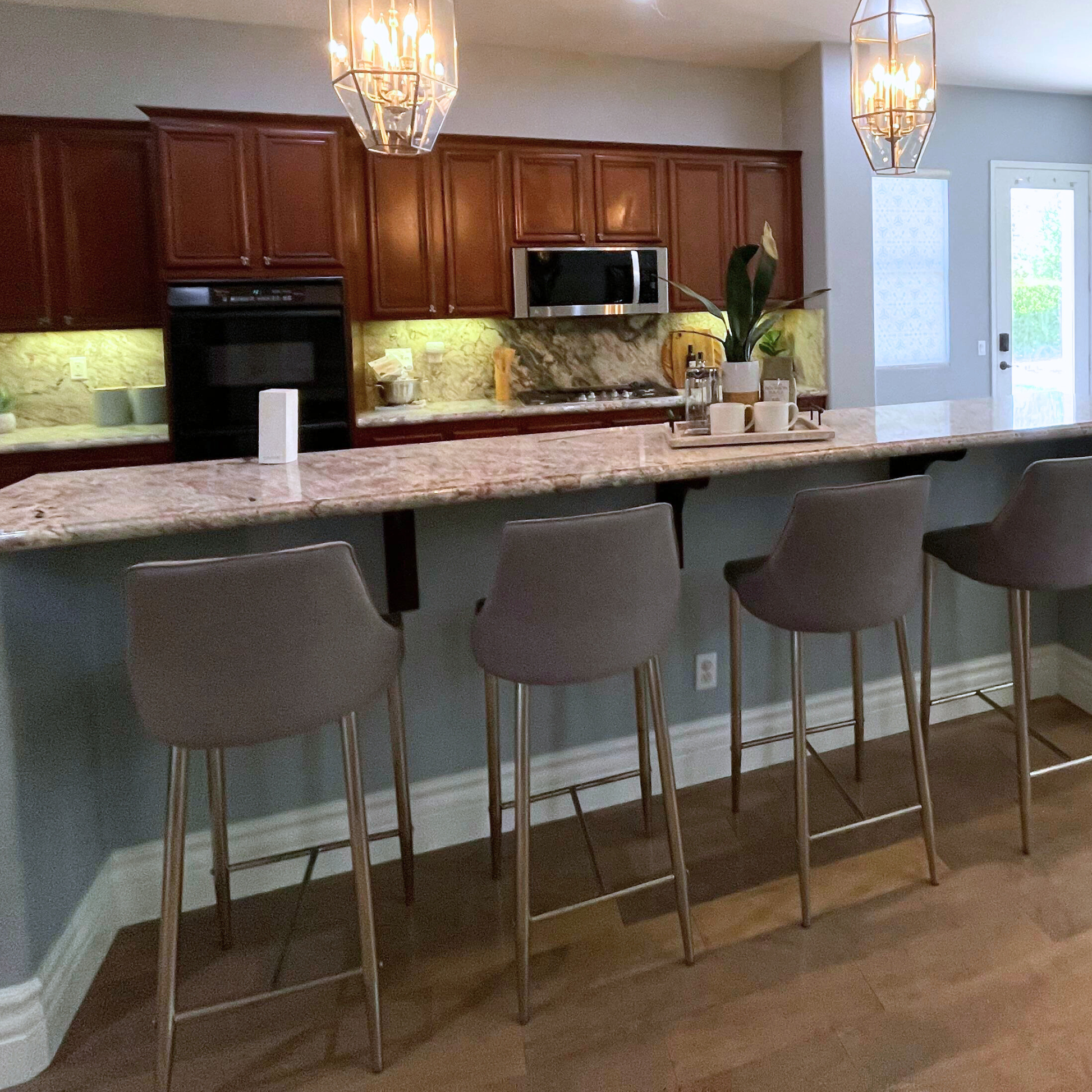 Grey Fabric barstools in modern kitchen
