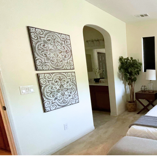 Square Metal Wall Decor in staged living room