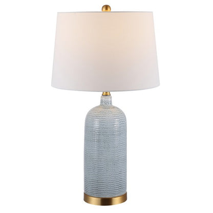 Blue ceramic table lamp with white shade cover