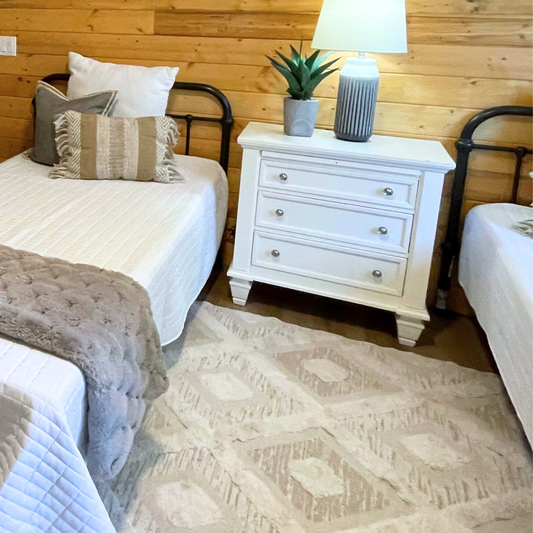 White Nightstand For Sale in staged bedroom