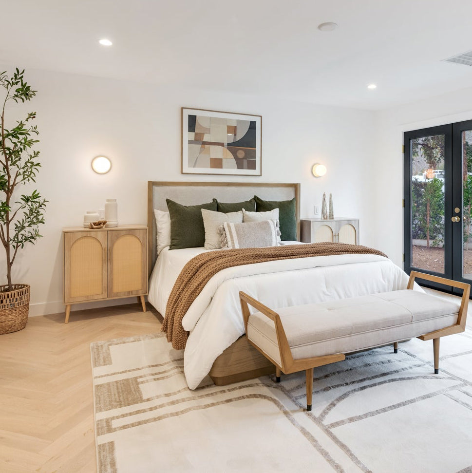 modern bedroom - soft, brown, green tones, white bedding and wood furniture