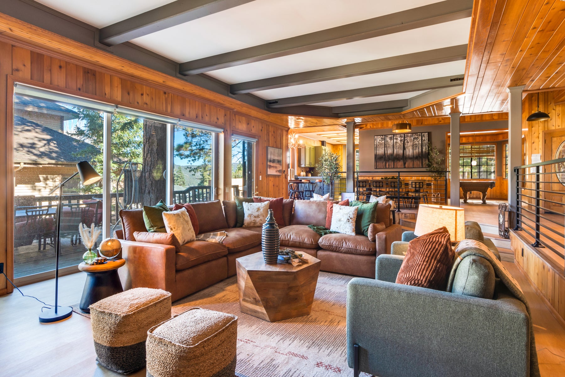 Simply Staging - Mountain Designed Cabin featuring leather couch, ottomans, wood coffee table